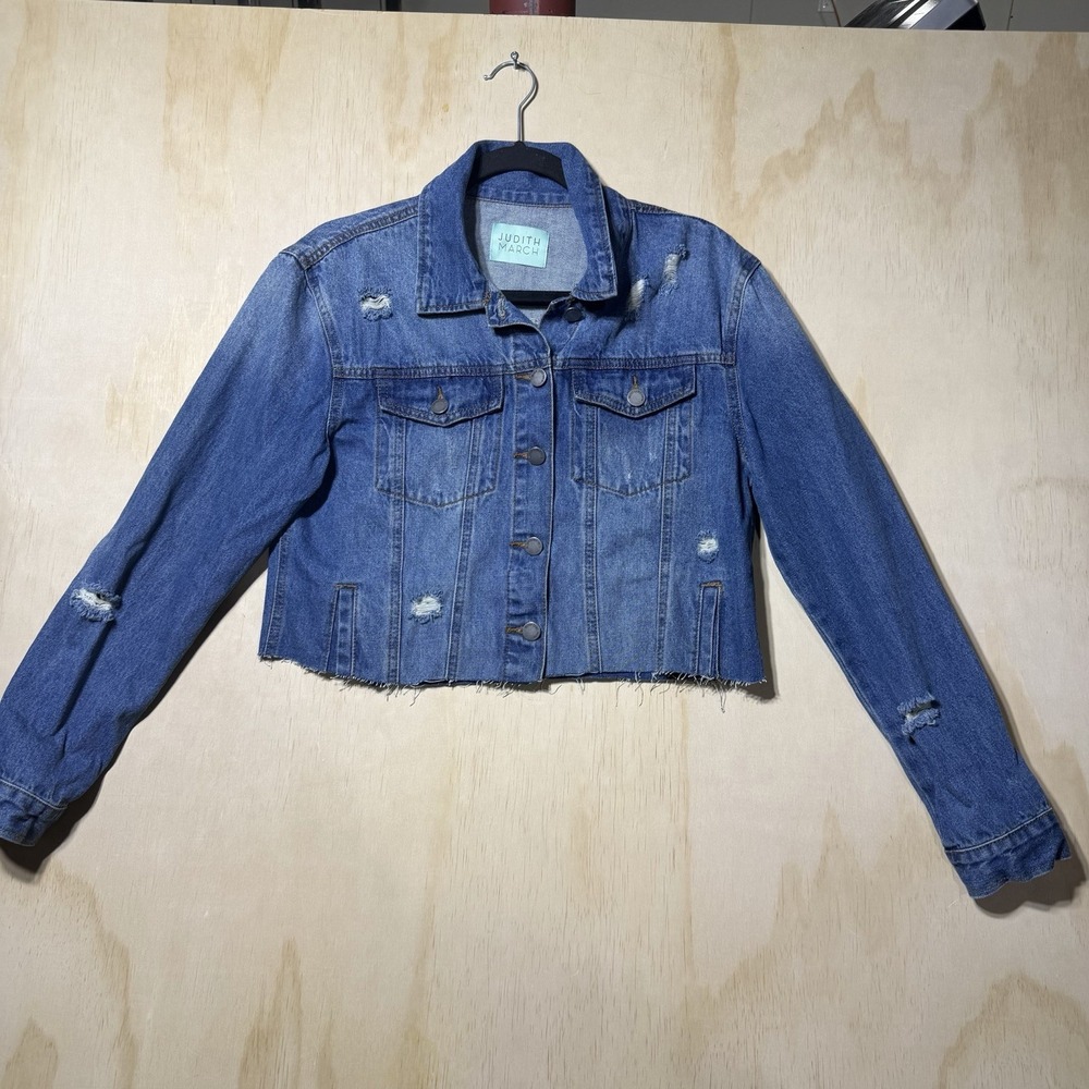 Judith March Distressed Cropped Denim Jacket USA Flag Patch Women's Medium Wash